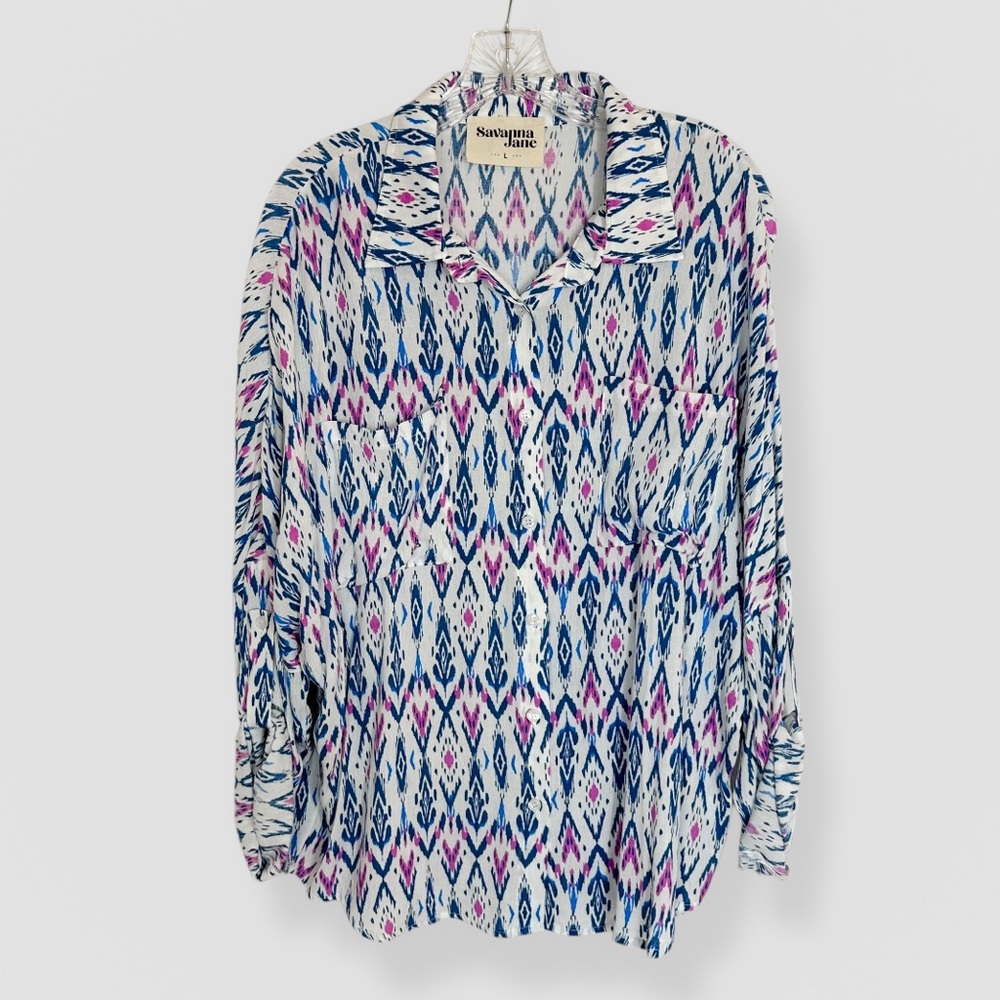Savanna Jane Size Large Blue Purple Geometric Roll Tab Sleeve Button Up Casual